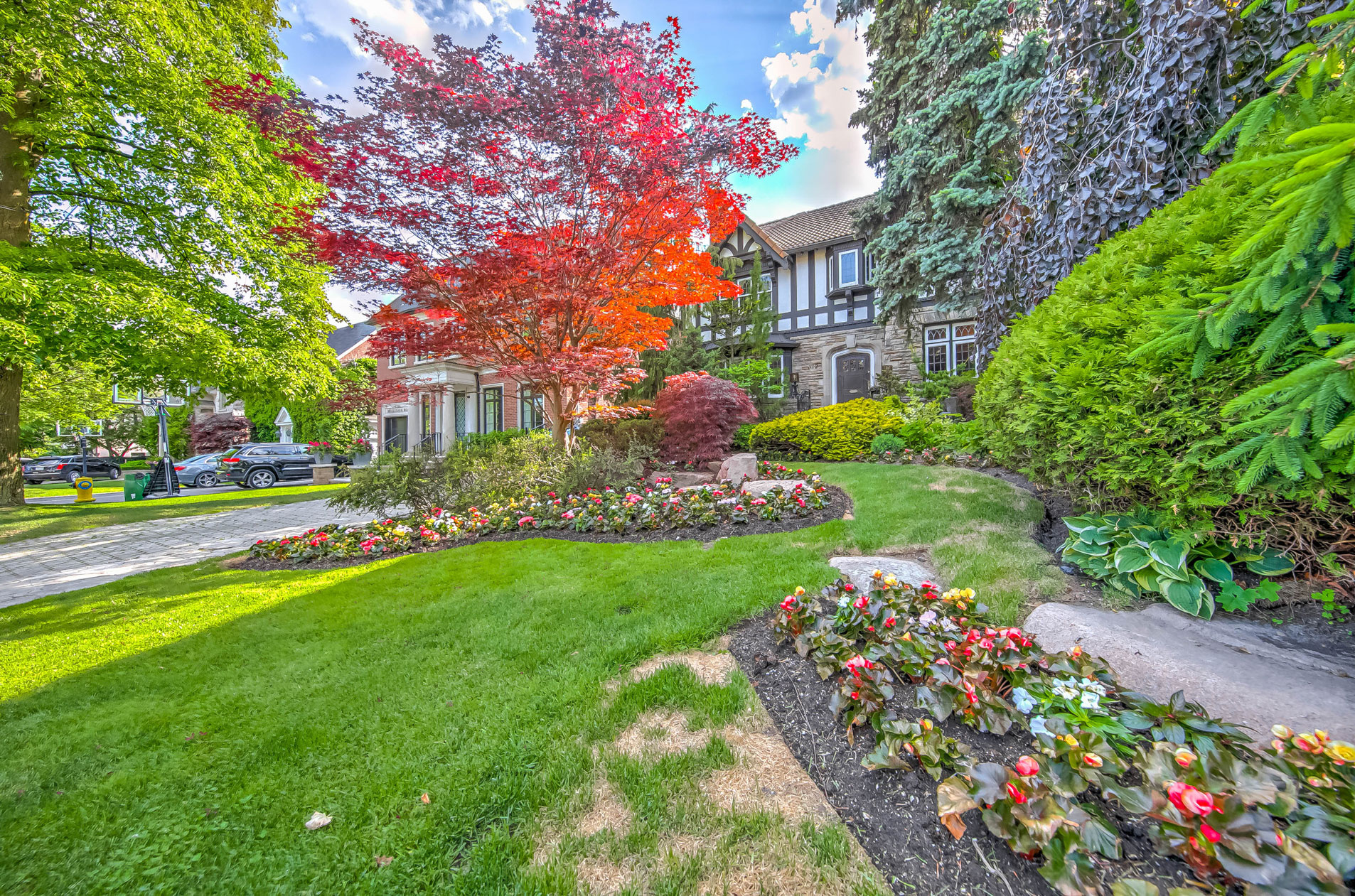 312 Glenayr Road — the Tudor-revival brick-and-stone home's front garden with its iconic red maple tree