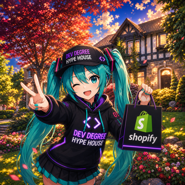 Hyper, the DDHH Discord-bot mascot, in a Dev Degree Hype House cap and hoodie holding a Shopify bag