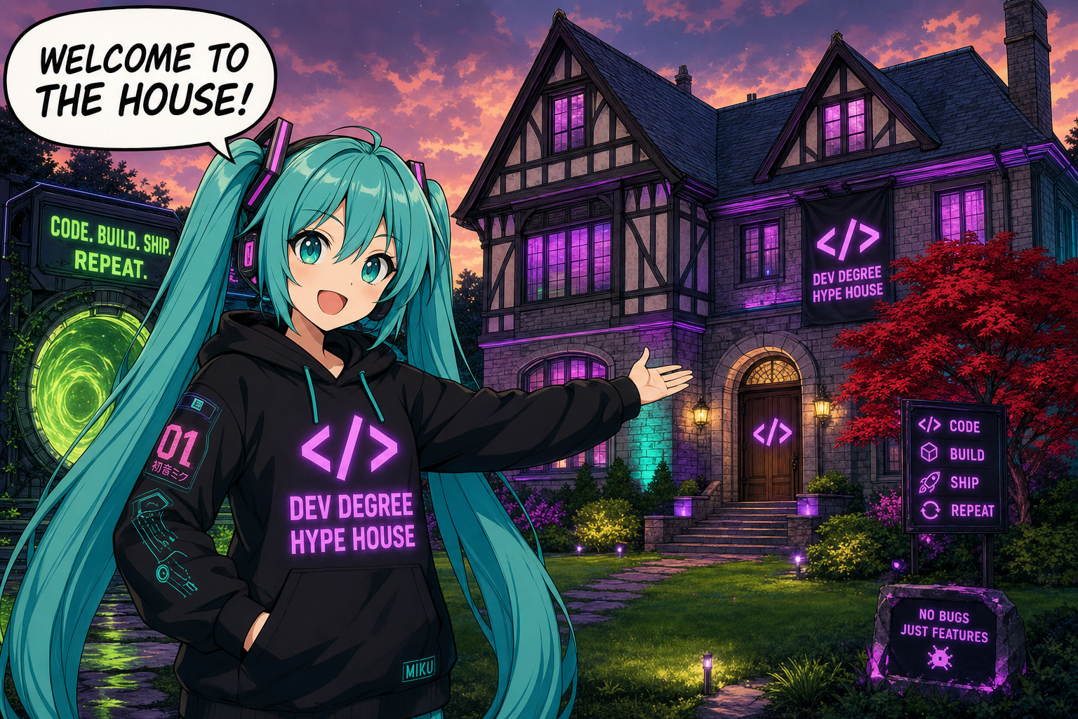 Hyper gesturing toward the Dev Degree Hype House, giving a tour