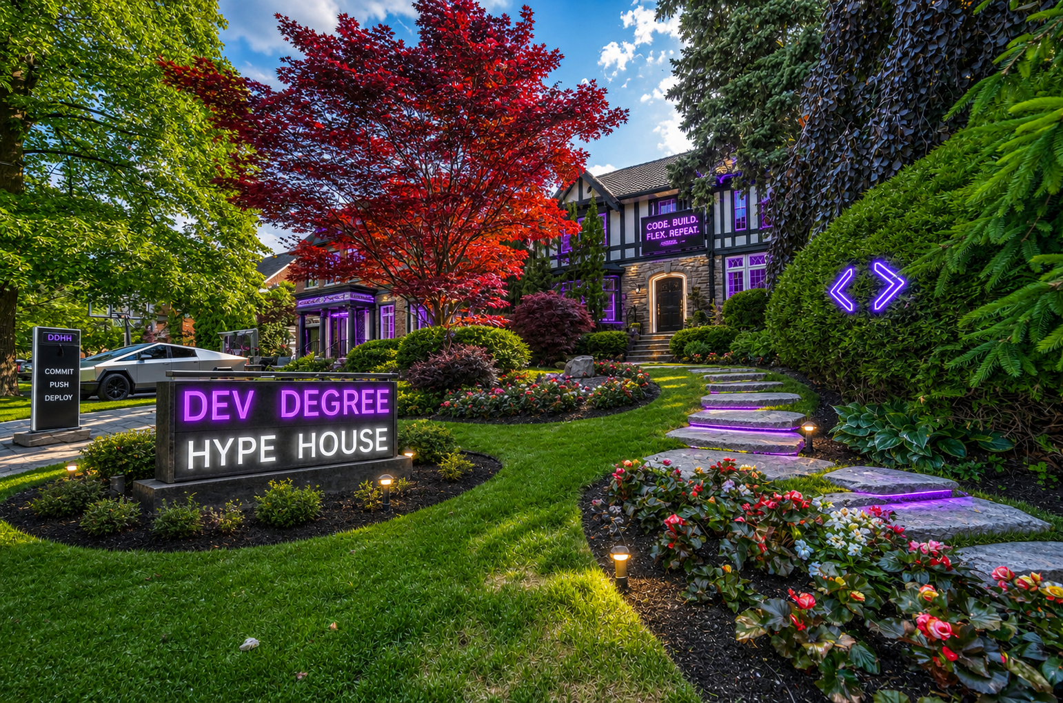 DDHH mascot Hyper in a Dev Degree Hype House hoodie holding a Shopify bag, standing in front of the house